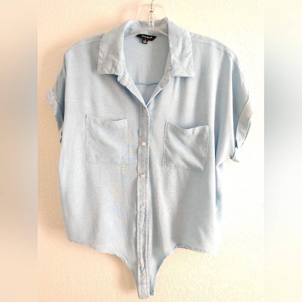 Cute Sim & Sam Crop Tie Front Shirt Blue Short Sleeve Juniors Large Chest 36"